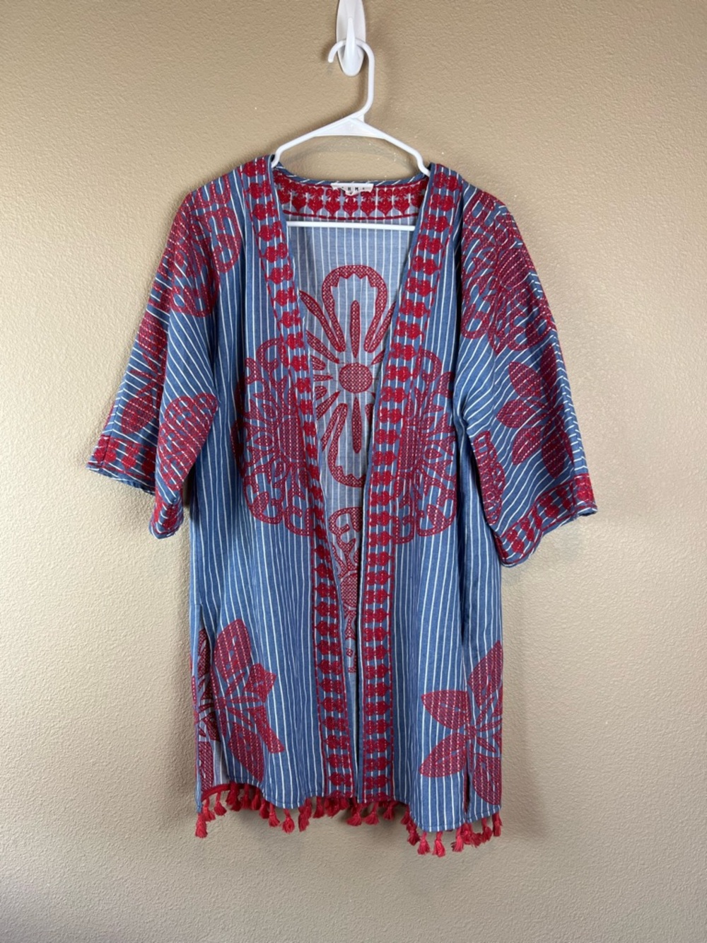 THML blue striped red embroidered tassel kimono